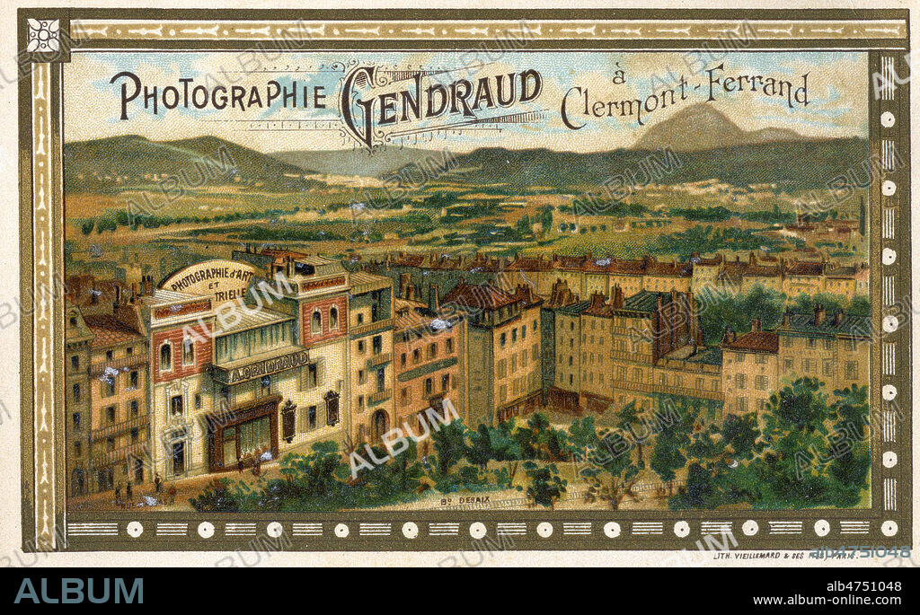 Carte publicitaire vers 1895 pour le photographe Gendraud, a Clermont-Ferrand. Credit : Collection IM/KHARBINE-TAPABOR.
