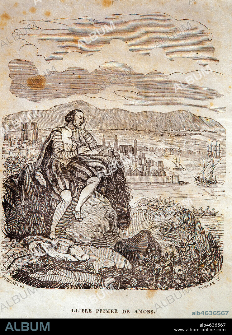 SERAFI, Pere (Lo Grec) (? -1566/68). Pintor y poeta catalán. "OBRAS POETICAS" (Llibre primer d'amors). Edición impresa en Barcelona por Josep Torner (1840). El Poeta, vista de Barcelona.