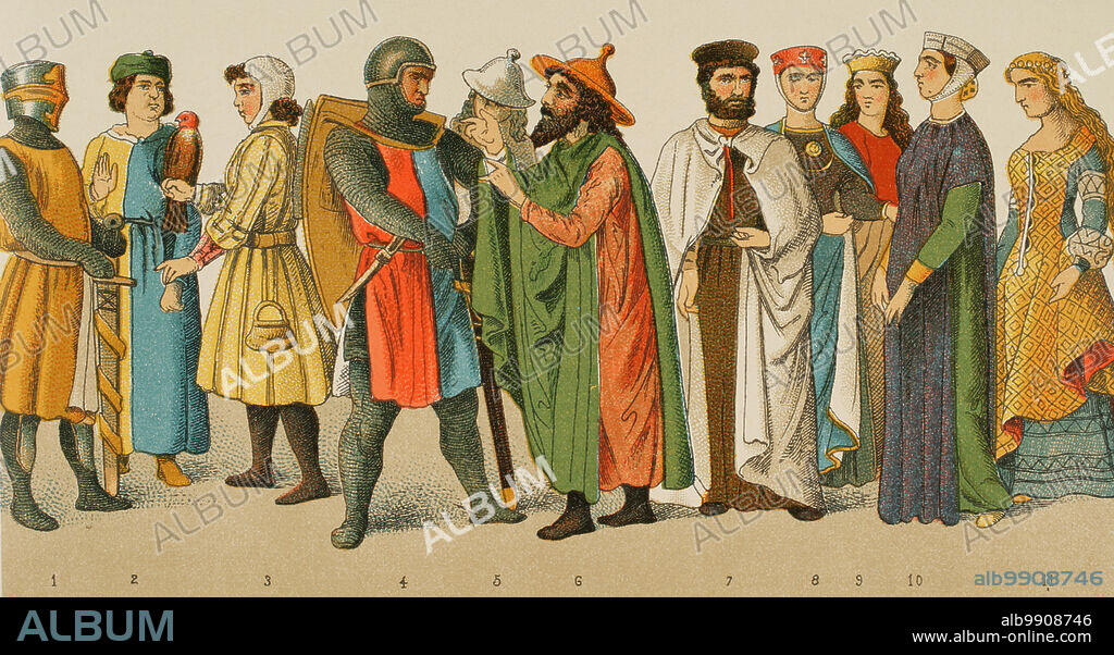 Historia de Alemania. Edad Media. 1200. De izquierda a derecha, 1: caballero, 2: médico, 3: halconero, 4: caballero, 5-6: judíos, 7: Caballero de la Orden Teutónica, 8-9-10-11: damas nobles. Cromolitografía. "Historia Universal", por César Cantú. Tomo X, 1881.