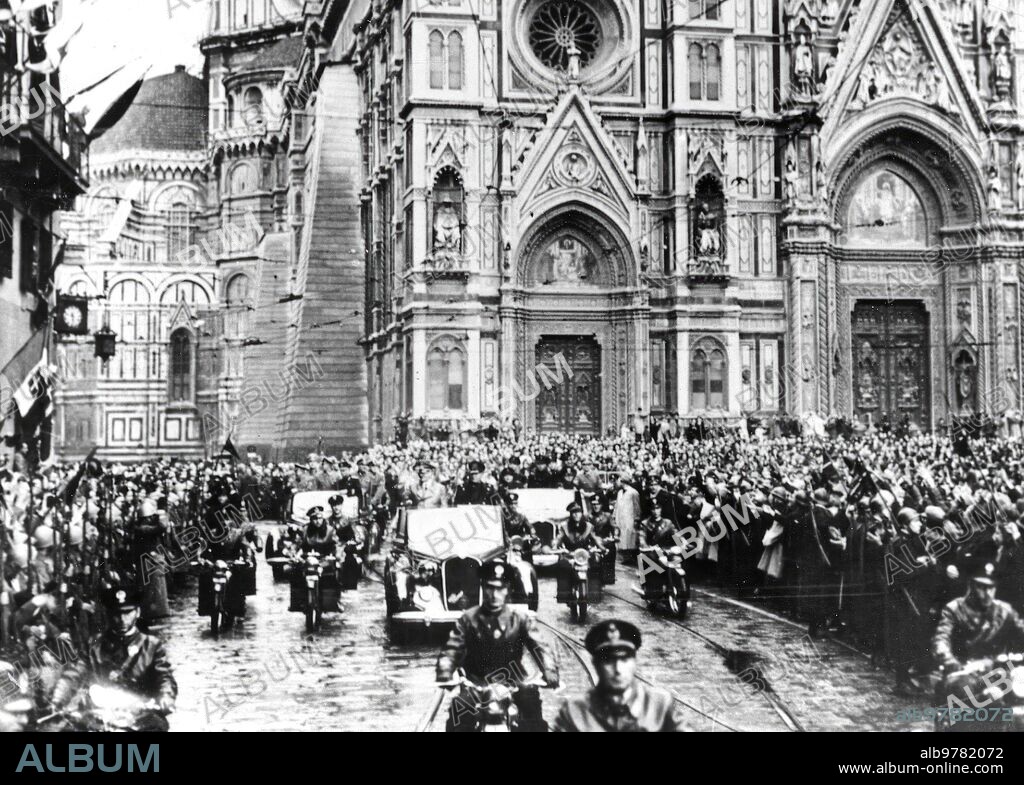 October 27, 1943. The Hitler-Mussolini interview in Florence. The Duce and the Fhürer Parade through the Streets of Florence to the Cheers of the Crowd.