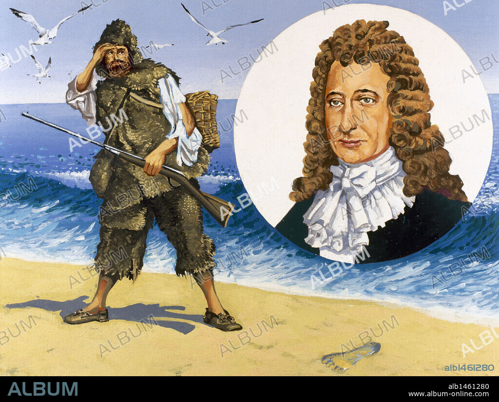 Defoe, Daniel (1660-1731). English novelist. Robinson Crusoe surprised to find out the footprint of a bare foot. Colored.