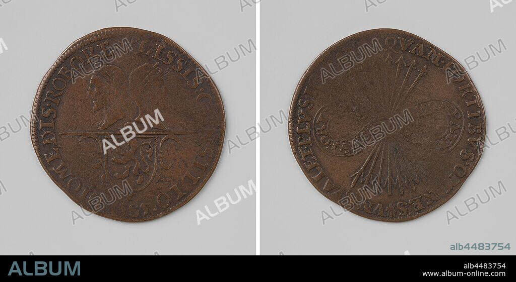 Merits of the murdered Willem van Oranje, Copper Medal. Obverse: Averted, lauded heads of Odysseus and Diomedes above a coat of arms within a circle. Reverse: bundle of seven arrows, wrapped with ribbon with inscription inside inscription, William I (Prince of Orange), anonymous, Netherlands, 1585, copper (metal), striking (metalworking), d 3.1 cm × w 5.46 gr.