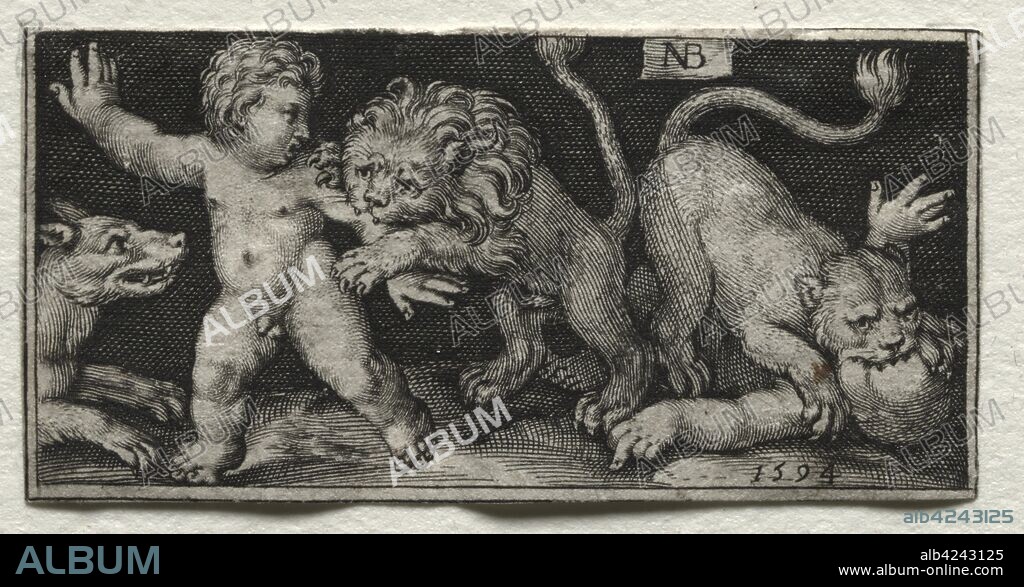 Fighting Chimeras and Scenes to Aesop's Fables: Lions Attacking Children, 1594. Nicolaes de Bruyn (Netherlandish, 1571-1656), A. van Londerseel. Engraving; sheet: 2.8 x 5.7 cm (1 1/8 x 2 1/4 in.).