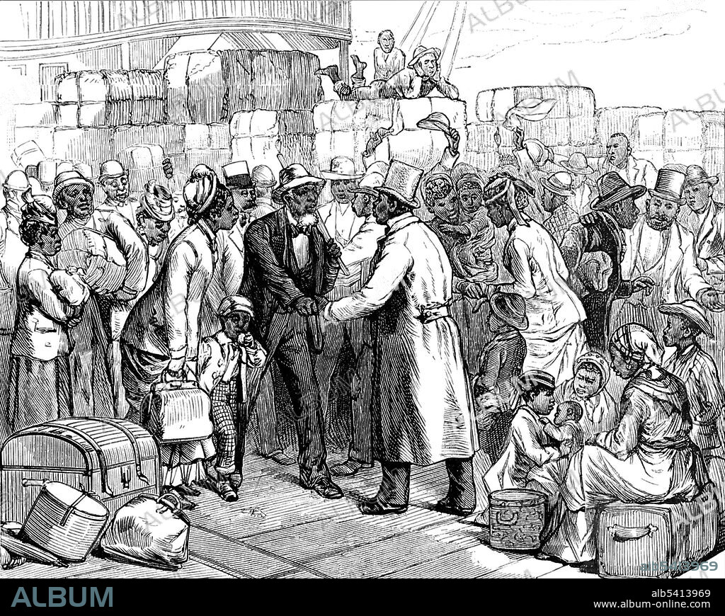 Entitled: Colored citizens welcoming the emigrants upon their arrival. Exodusters was a name given to African-Americans who migrated from states along the Mississippi River to Kansas in the late 19th century, as part of the Exoduster Movement. It was the first general migration of black people following the Civil War. As many as 40,000 Exodusters left the South to settle in Kansas, Oklahoma and Colorado.  Frank Leslie's Illustrated Newspaper, April 19, 1879.
