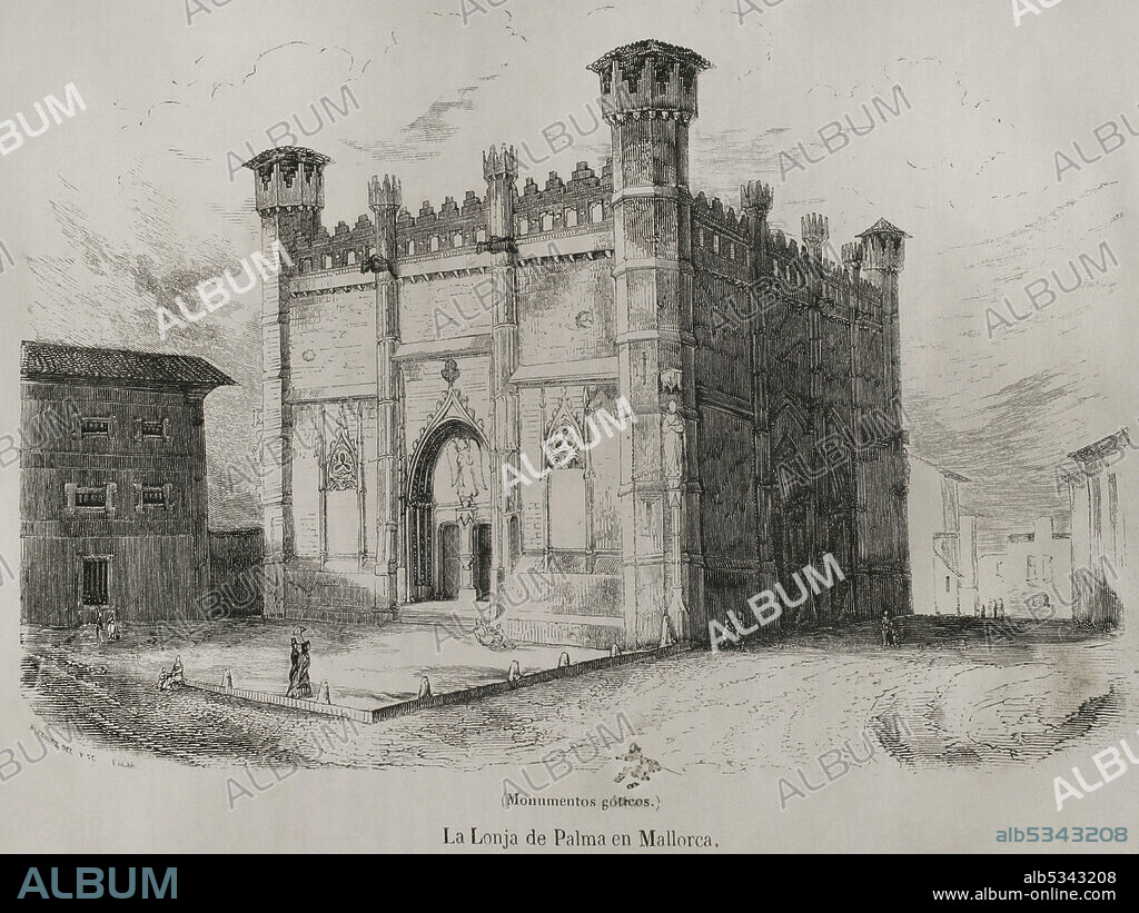 Spain, Balearic Islands, Majorca. Palma. La Lonja or Sa Llotja (Palma Market). Old Gothic market building, constructed by Guillem Sagrera in 1426. Engraving. Las Glorias Nacionales, 1853.