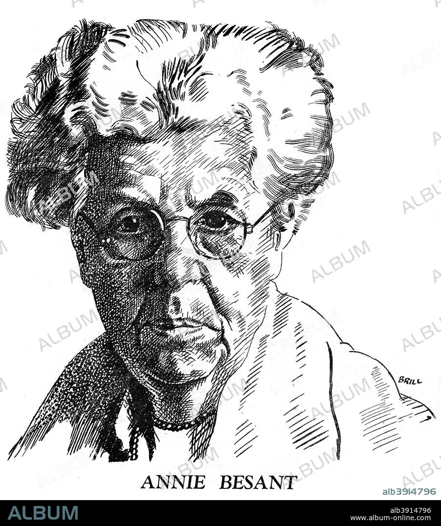 Annie Besant, British socialist and theosophist, 1926. An active campaigner for women's and workers' rights, Annie Besant (nee Wood) was a powerful public speaker and a prolific writer. She was converted to theosophy, which holds that all religions are an attempt by man to ascertain 'the Divine', in 1889 after reading The Secret Doctrine by HP Blavatsky, one of the founders of the Theosophical Society. Besant attempted to understand the universe through clairvoyance. A print from the front cover of Lansbury's labour Weekly, 11th December 1926.