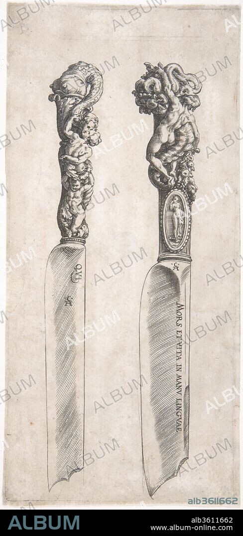 Design for Two Knife Handles. Artist: Cherubino Alberti (Zaccaria Mattia) (Italian, Borgo Sansepolcro 1553-1615 Rome); After Francesco Salviati (Francesco de' Rossi) (Italian, Florence 1510-1563 Rome). Dimensions: plate: 10 x 4 5/8 in. (25.4 x 11.8 cm)
sheet: 10 1/4 x 4 13/16 in. (26 x 12.3 cm). Date: 1553-1615.