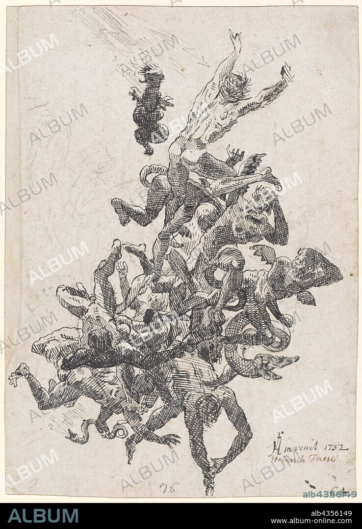 Hell's Fall of the Damned, 1752, feather in black, leaf: 27.2 x 19.6 cm, U. r., monogrammed, labeled and dated: HF [lig.] invenit 1752, with pen in brown (from another hand?): Heinrich Fuesli, Johann Heinrich Füssli, Zürich 1741–1825 Putney Hill b. London.