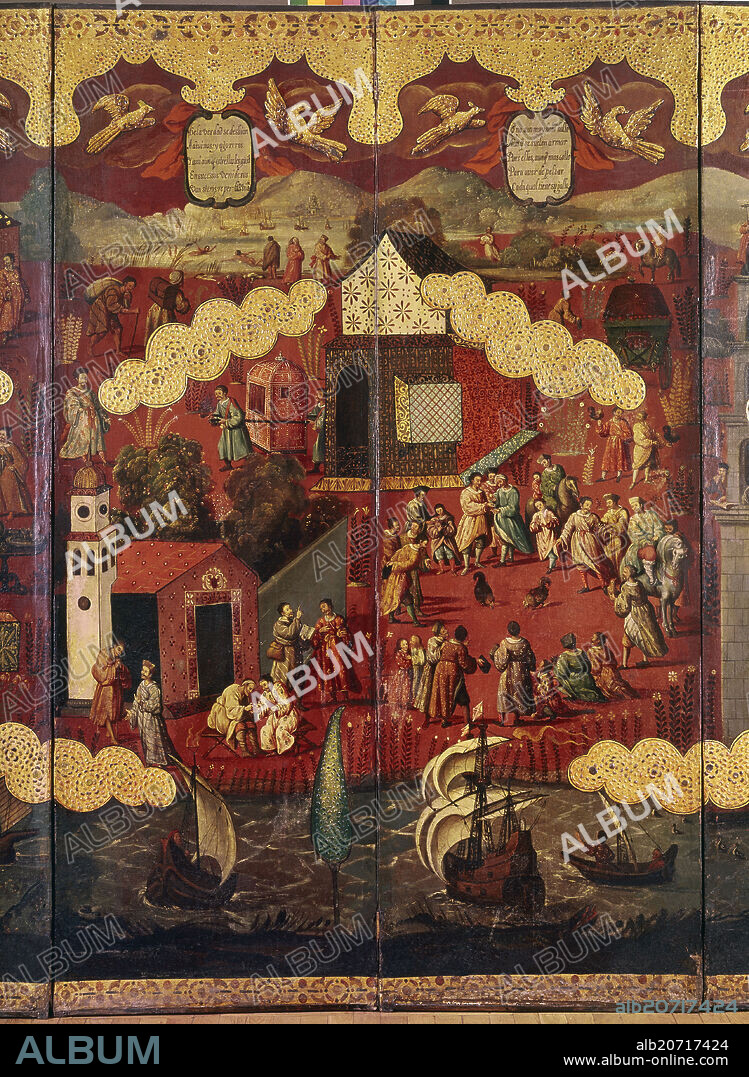 BIOMBO CHINO - PELEA DE GALLOS - SIGLO XVII.