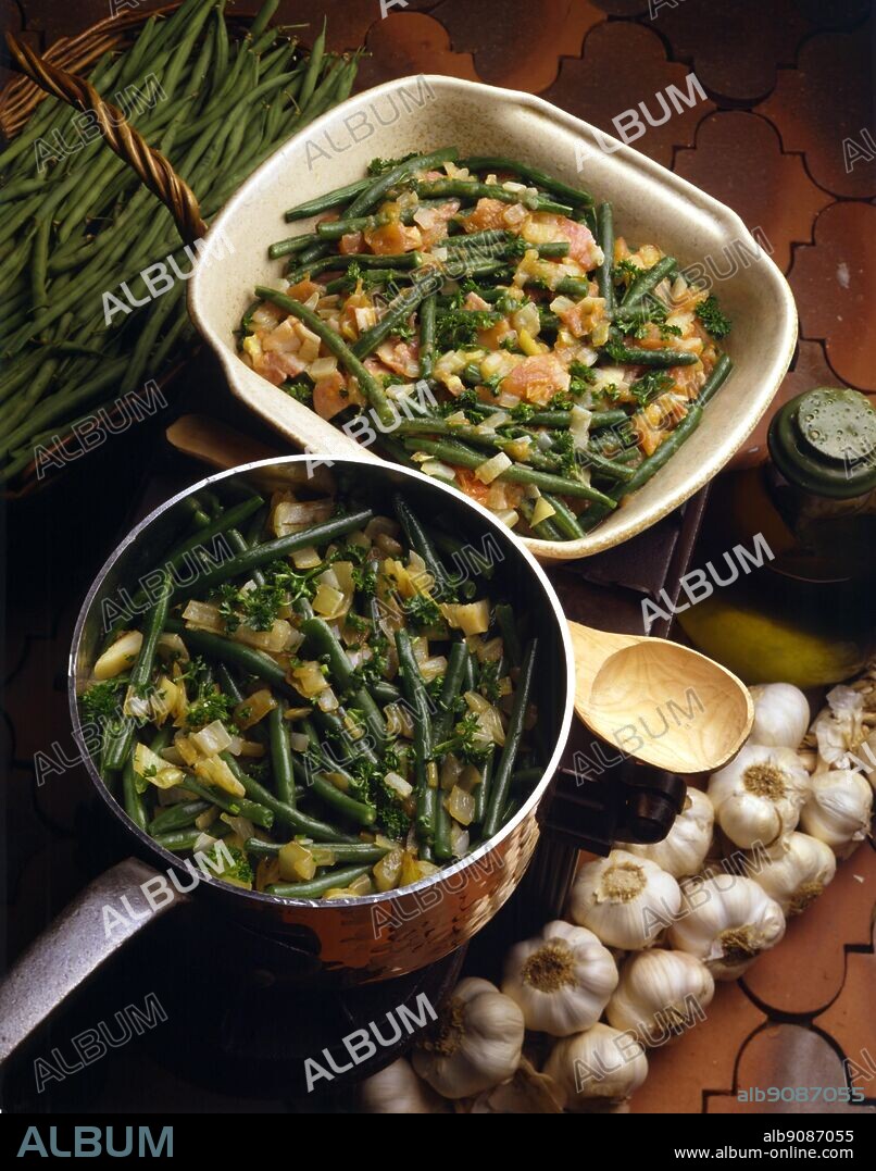 International Cooking. Top, French Beans In Tomato Sauce. Fudias Verdes Con Salsa De Tomate, Spain. Bottom, French Beans Lyons Style. Haricots Verts A La Lyonnaise, France.