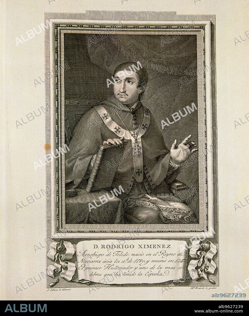 Rodrigo Ximenez de Rada (1180? -1247), Ecclesiastical, historian and Castilian politician , intervened in the battle of Navas de Toulouse, engraving of the colection 'Illustrious Men'.