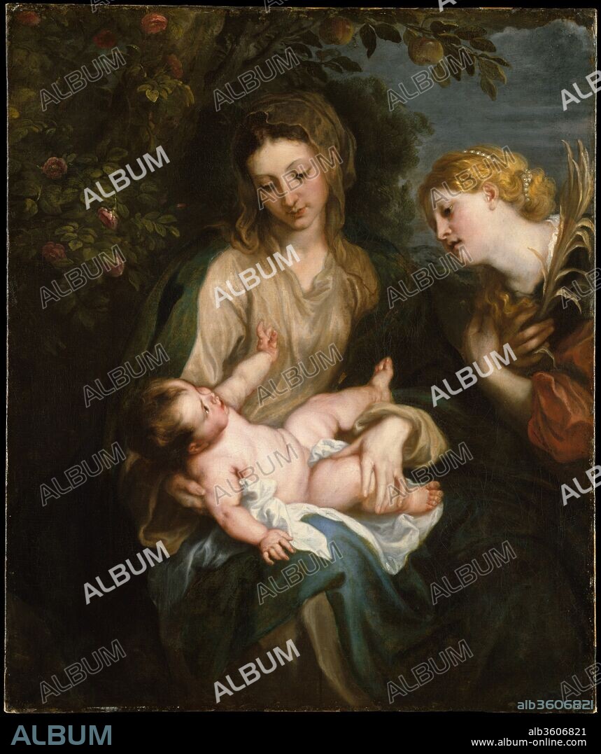 Virgin and Child with Saint Catherine of Alexandria. Artist: Anthony van Dyck (Flemish, Antwerp 1599-1641 London). Dimensions: 43 x 35 3/4 in. (109.2 x 90.8 cm); with added strips 44 1/8 x 37 in. (112.1 x 94 cm). Date: ca. 1630.
The infant Jesus responds with playful enthusiasm to an adoring Saint Catherine, a former princess identified by pearls and a martyr's palm. She was esteemed as an intercessor for young women because of her mystical marriage to Christ. The picture's warm humanity and elegantly rhythmic composition reflect Van Dyck's great admiration for Titian, Veronese, and other North Italian artists during his years in Italy (1621-27).