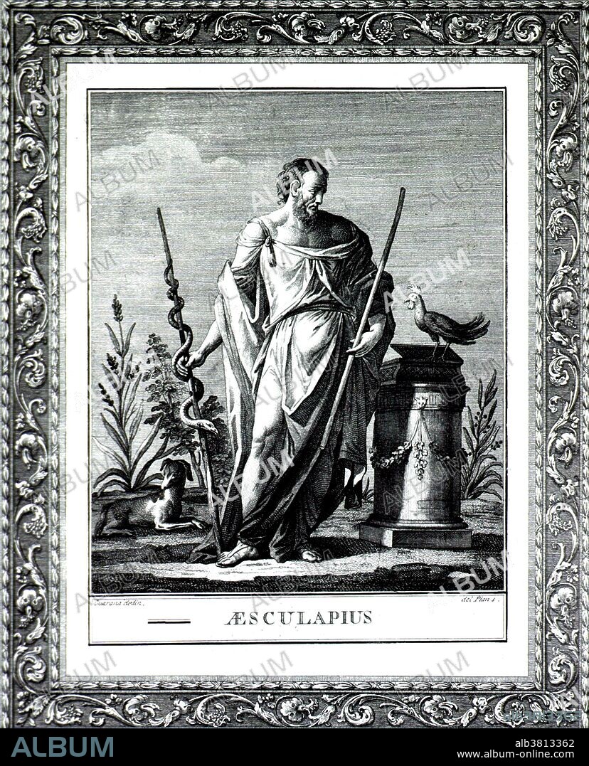 Asclepius (Aesculapius) is the God of Medicine and Healing in ancient Greek religion. Asclepius represents the healing aspect of the medical arts. The rod of Asclepius, a snake-entwined staff, remains a symbol of medicine today (not to be confused with the caduceus, or staff with two snakes). Some historians have proposed that there may have been a historical Asclepius during the Greek Dark Ages, who became the subject of a Hero cult and on whom the mythological character was based. Full length figure of Aesculapius, wearing Grecian robe, and holding staff with sacred serpent. Standing beside a pillar with a cock on top. A small dog lies at his feet. The picture is within a decorated border.