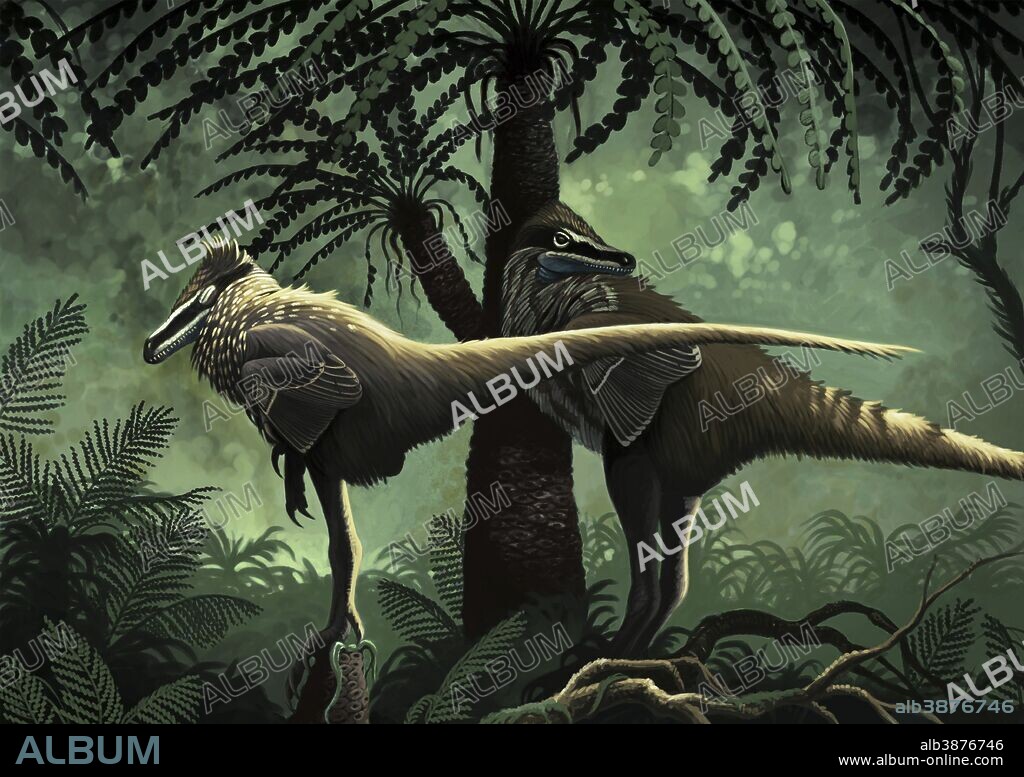 Two Variraptor mechinorum rest in the shadow of a cycad in the Campanian (Late Cretaceous) of Europe.