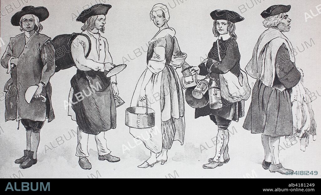 Fashion, clothes in France, Rococo, Parisian street life around 1740, from the left, a chimney sweep, an Auvergnatian coppersmith and tinker, a peddler with fresh walnuts, a dealer with hand lanterns, and a dealer with rabbit fur, digital improved reproduction from an original from the year 1900.