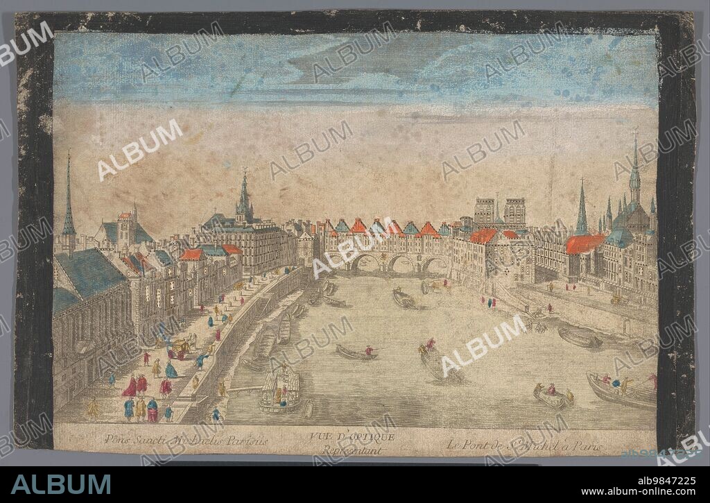 ANON. View of the built-up Pont Saint-Michel over the Seine River in Paris, 1700-1799. Boats carrying goods.
