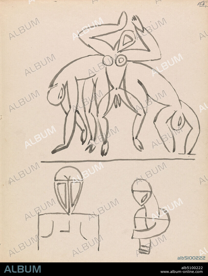 Nine Figure Studies, Henri Gaudier-Brzeska, 18911915, French, between 1910 and 1915, Black ink on medium, slightly textured, cream machine-made laid paper, Sheet: 9 x 7 1/8 inches (22.9 x 18.1 cm), abstract art, figure study, head, Vorticism.