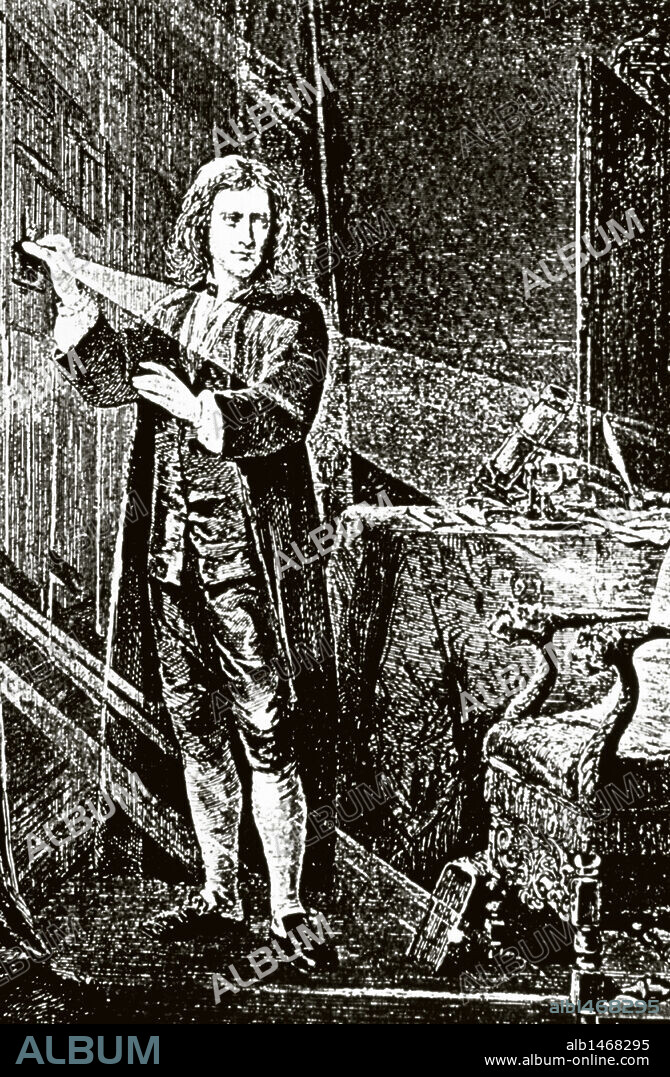 SIR ISAAC NEWTON (1642-1727). Físico, matemático y astrónomo inglés. Hacia 1665 descubrió las leyes de la gravitación universal. Grabado.