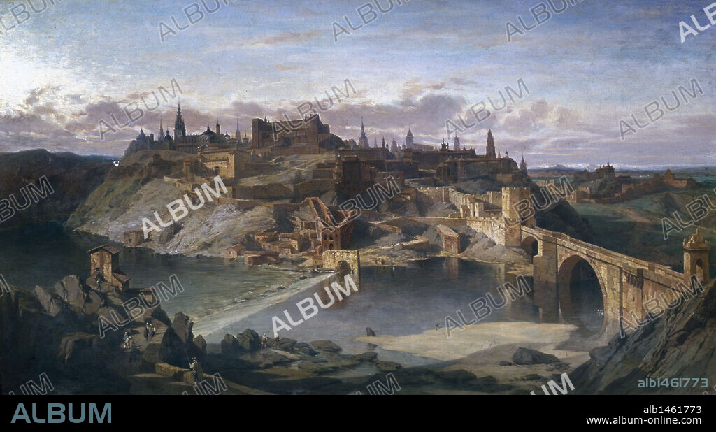 ESPAÑA. SIGLO XIX. TOLEDO. Panorámica de la ciudad a orillas del río Tajo. Pintura del siglo XIX. obra del pintor francés Adrien DAUZATS (1804-1868) .