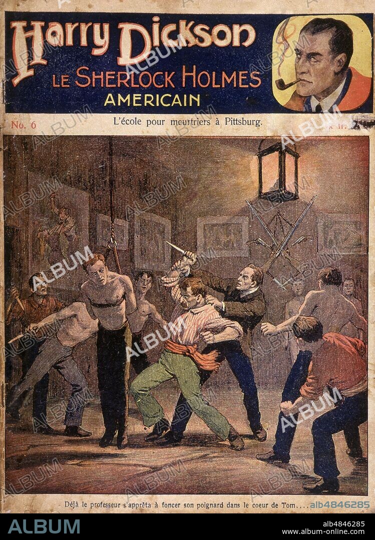 ROMANZO GIALLO cover of 'L'école pour meurtriers à Pittsburg' (The homicide school in Pittsburg) novel of the series 'Harry Dickson the American Sherlock Holmes', n. 6, translated from the original German. Following the Belgian writer Jean Ray (Raymond Jean Marie De Kremer, 8 July 1887 - 17 September 1964), author of the translations in French and Dutch, passionate by the character but bored by the mediocrity of the stories, it will challenge the fate producing a long lucky series of his creation. The Netherlands, 1929.