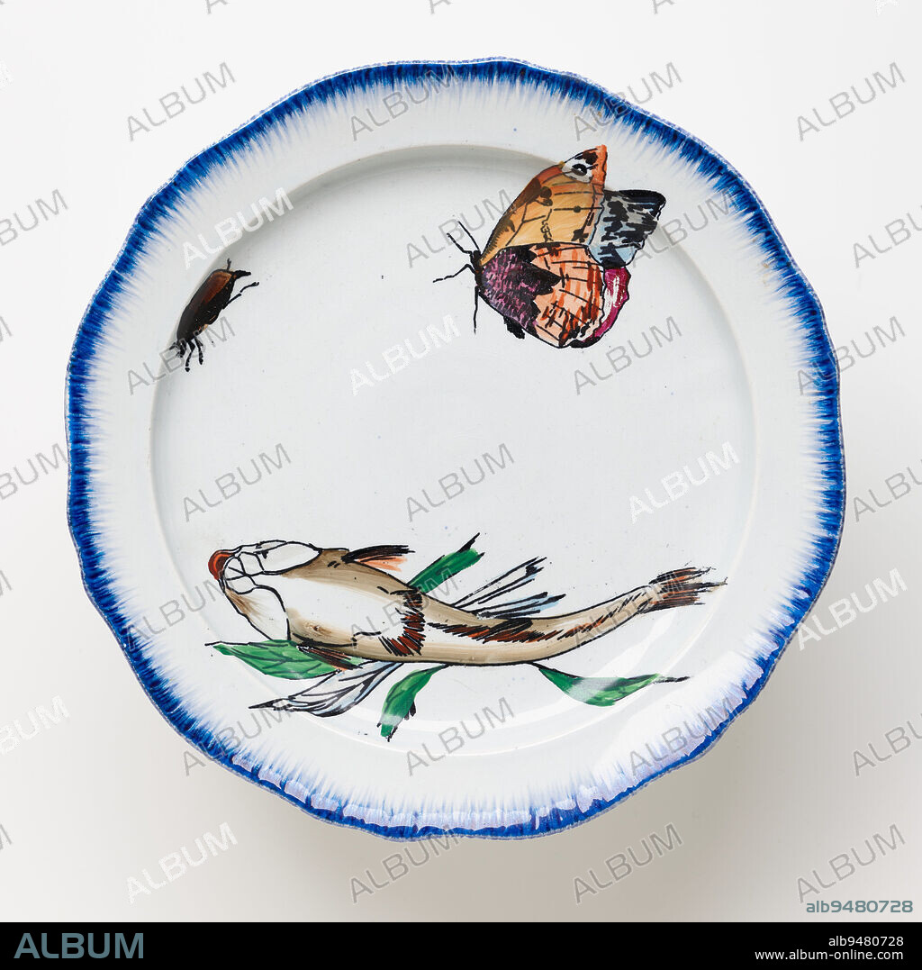 Cake plate with fish, butterfly, and bug, 1866-1867, Félix Bracquemond; Manufacturer: Lebeuf, Milliet & Co., Creil; Retailer: Francois-Eugene Rousseau, French, 18331914, 3 × 8 3/4 in. (7.62 × 22.23 cm), Lead-glazed earthenware, transfer printing, France, 19th century, This platter and three footed plates come from a large table service commissioned by the French dealer and publisher Eugène Rousseau (1827-1890) and designed by the painter and print maker Felix Bracquemond. First exhibited in Paris at the Universal Exhibition in 1867 and considered to be the earliest example of French ceramics inspired by Japanese art, they sparked a genuine revolution in the history of style. The service was so popular it continued to be produced up to 1940.
