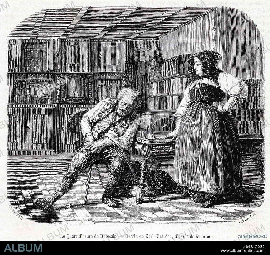 Le Quart d'heure de Rabelais (Expression populaire : moment ou il faut payer une consommation). Illustration de Karl GIRARDET (1813-1871) pour le Magasin pittoresque de aout 1856. Credit : Collection Kharbine-Tapabor.