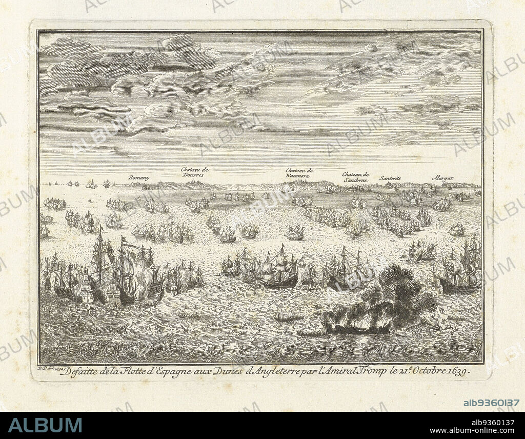 Sea Battle at Duins, 1639, Defaitte de la Flotte d'Espagne aux Dunes d Angleterre par l'Amiral Tromp le 21e. Octobre 1639 (title on object), Battle of Duins between the State fleet under Admiral Tromp and a Spanish fleet, 21 October 1639. In the distance the English coast with place names in French. This plate printed together with another plate on one page., print maker: Bernard Picart (attributed to), intermediary draughtsman: Bernard Picart (mentioned on object), Northern Netherlands, 1732 - 1733, paper, etching, height 108 mm × width 138 mm.