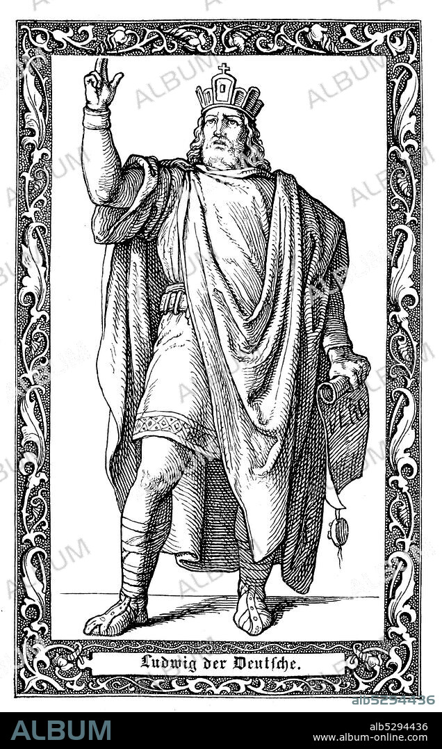 Ludwig, Louis, Lewis the German, also known as Ludwig II, was the first king of East Francia. Ludwig II. der Deutsche, 806 - 876, aus dem Adelsgeschlecht der Karolinger, Digital improved reproduction of an illustration from the 19th century.