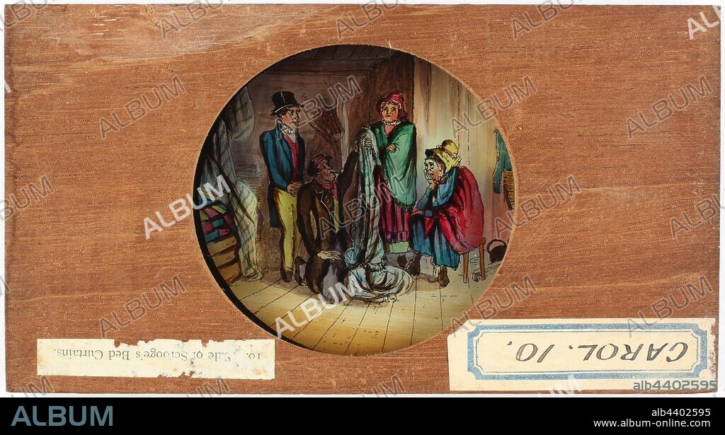 Lantern Slide - A Christmas Carol, 'Sale of Scrooge's Bed Curtains', 1843-1880, Number 10 in a set of twelve slides in the series 'A Christmas Carol'. 'A Christmas Carol' is a novella by English author Charles Dickens. It was first published by Chapman and Hall on 19 December 1843. The story tells of sour and stingy Ebenezer Scrooge's ideological, ethical, and emotional transformation after the supernatural visitations of Jacob Marley and the Ghosts of Christmas Past,.