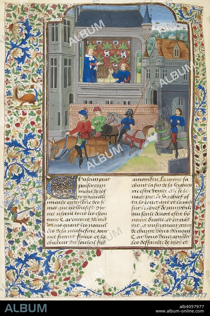 GIOVANNI BOCCACCIO. Book X, chapter 1. Ruggiero and his companions ride across the river; above, the King of Spain rewards Ruggiero. Text with decorated initial and borders. Decameron. Netherlands; circa 1475. Source: Add. 35323, f.156v. Language: French.