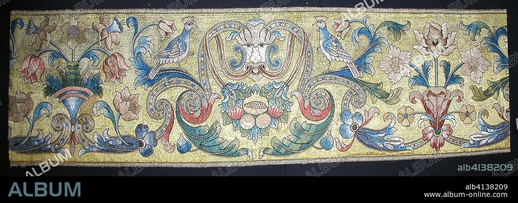 Altar Frontal. Italy or Portugal. Date: 1675-1700. Dimensions: 249.8 x 75 cm (98 3/8 x 29 1/2 in.). Linen, plain weave; embroidered with silk and linen in leaf, individual satin, satin, split and stem stitches; French knots, laid work, couching and linen padded couching. Origin: Italy.