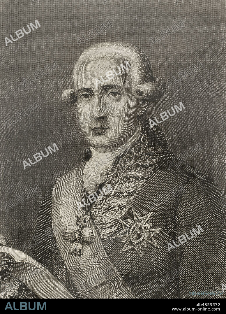 JOAQUÍN FURNÓ I ABAD (1832-1918). SPANISH ENGRAVER.. Jose Moñino y Redondo, 1st Count of Floridablanca (1728-1808). Spanish statesman. Secretary of State (1777-1792). Portrait. Engraving by J. Furnó. Historia de las persecuciones políticas y religiosas en Europa (History of political and religious persecutions in Europe). Volume IV. Published in Barcelona, 1865.