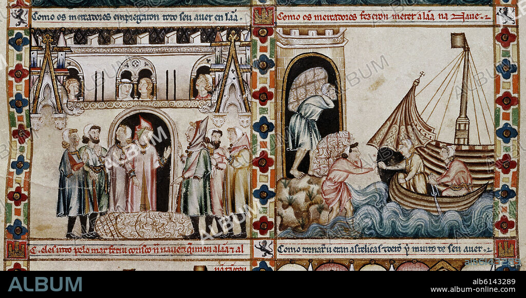 ALFONSO X DE CASTILLA EL SABIO. MTI1 - CANTIGA DE SANTA MARIA Nº35 - F53R - MERCADERES NEGOCIANDO Y EMBARCANDO BALAS DE LANA - SIGLO XIII.