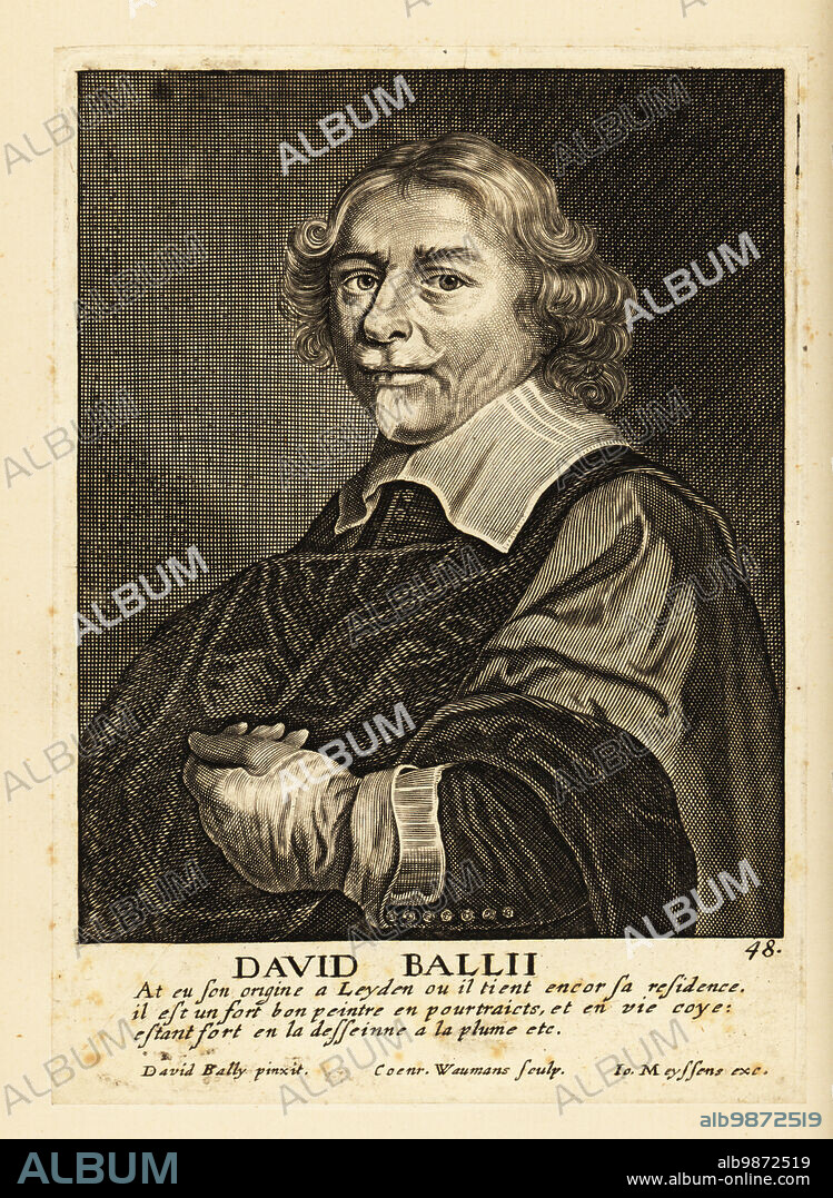Portrait of David Bailly, Dutch Golden Age painter of portraits and still lifes, 1584-1657. Copperplate engraving by Coenrad Waumans after a self-portrait by David Ballii published in Johannes Meyssens Image de divers hommes d'esprit sublime, Antwerp, 1649.