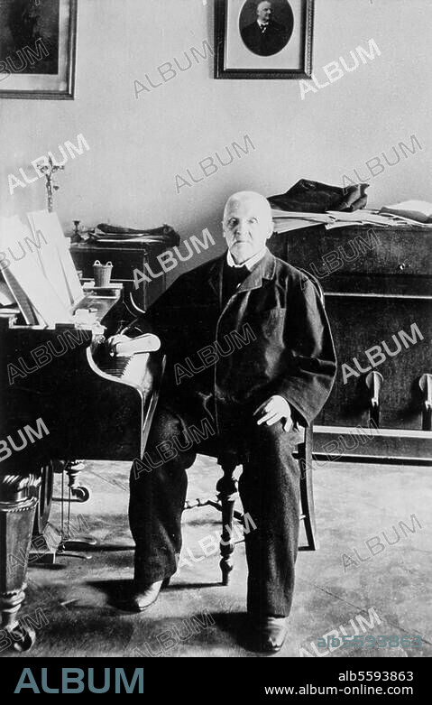 Bruckner, Anton Composer Ansfelden 4.9.1824 - Vienna 11.10.1896. Anton Bruckner in his study in St. Florian. Photograph, undated (c. 1890).