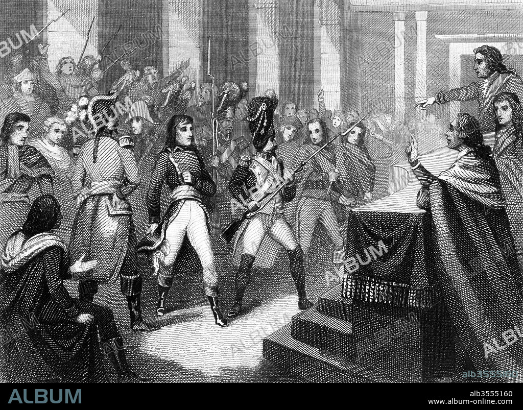 Francia. Siglo XVIII. Golpe de estado del 18 de Brumario del año VII. Napoleón Bonaparte (1769-1821) acaba con el Directorio de la revolución francesa e inicia el período del Consulado tras el golpe de estado del 9 de noviembre de 1799 con el apoyo del ejército. Grabado de 1864.