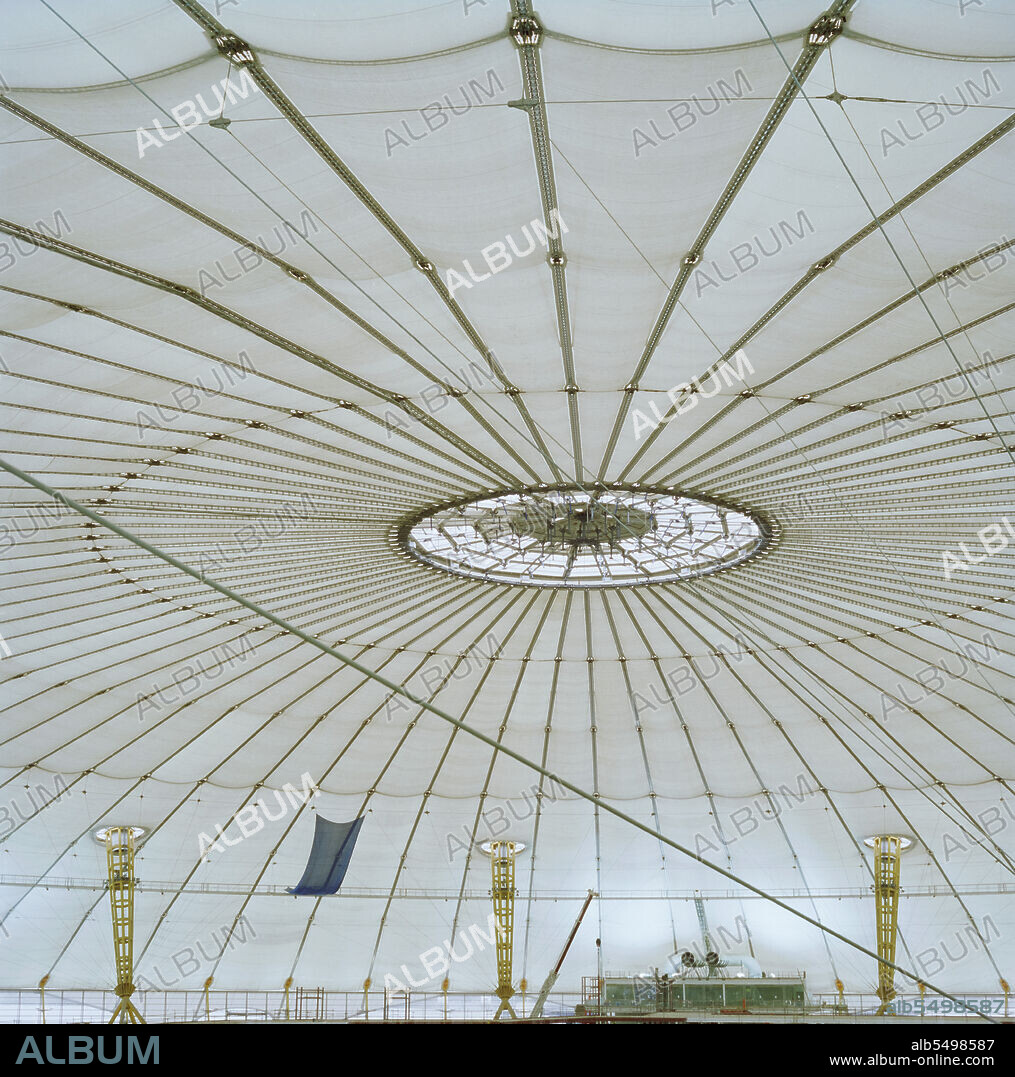 JOHN LAING PLC. Millennium Dome, Drawdock Road, Greenwich, London, 28/01/1999. A view across the entire span of The Millennium Dome from the elevated catwalk that encircles the whole structure, accessed from one of the pylons.