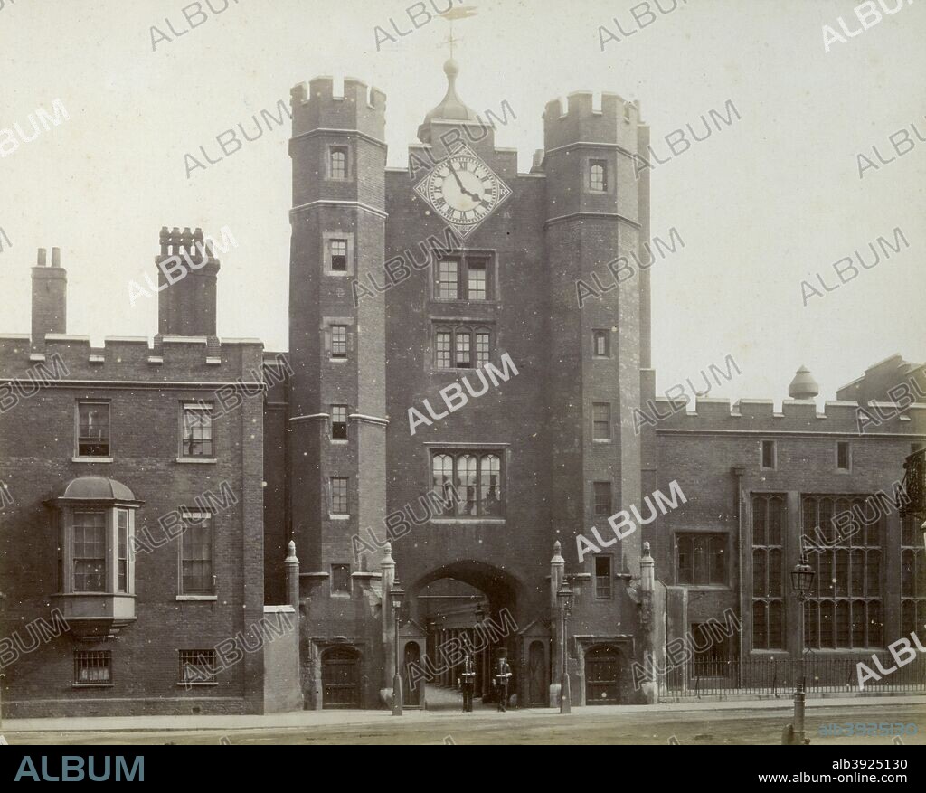 Exterior of St James's Palace, London, 1887. Situated on the Mall just to the north of St James's Park, St James's Palace was commissioned by Henry VIII. It became the official London residence of the monarch in 1698, but lost that status after being damaged by fire in 1809. Today the palace remains the formal base of the Royal Court and is the residence of the Princess Royal and Princess Alexandra.