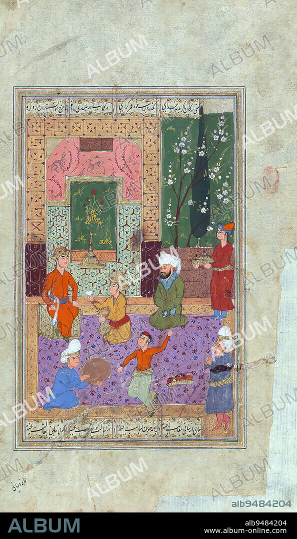Illuminated Manuscript, Collection of poetry, A court scene, This illuminated and illustrated manuscript contains the Khamsah (quintet) and two historical poems (masnavi), Qirn-i sadayn and Nuh sipihr, by Amr Khusraw Dihlav (d. 725 AH / 1325 CE). The codex is dated 1017 AH / 1609 CE and was produced in Safavid Iran. All texts are written in black nastalq script with chapter headings in red. The manuscript opens with an illuminated and illustrated frontispiece of a hunting and court scene in the early Safavid style. The first text is Khamsah-i Dihlav, which is introduced by an illuminated incipit and titlepiece with the title of the first poem of the quintet and the author's name. The second text is Qirn-i sadayn, a historical poem (masnavi) about the meeting of Sultan Muizz al-Dn Kayqubd and his father, Nir al-Din Bughr Khn, on the banks of the Sarj in Oudh. It is also introduced with an illuminated incipit and titlepiece. The third text is Nuh sipihr, a historical poem (masnavi) describing the glories of Sultan Qub al-Dn Mubrak Shh Khaljs time, introduced with an illuminated incipit and headpiece.