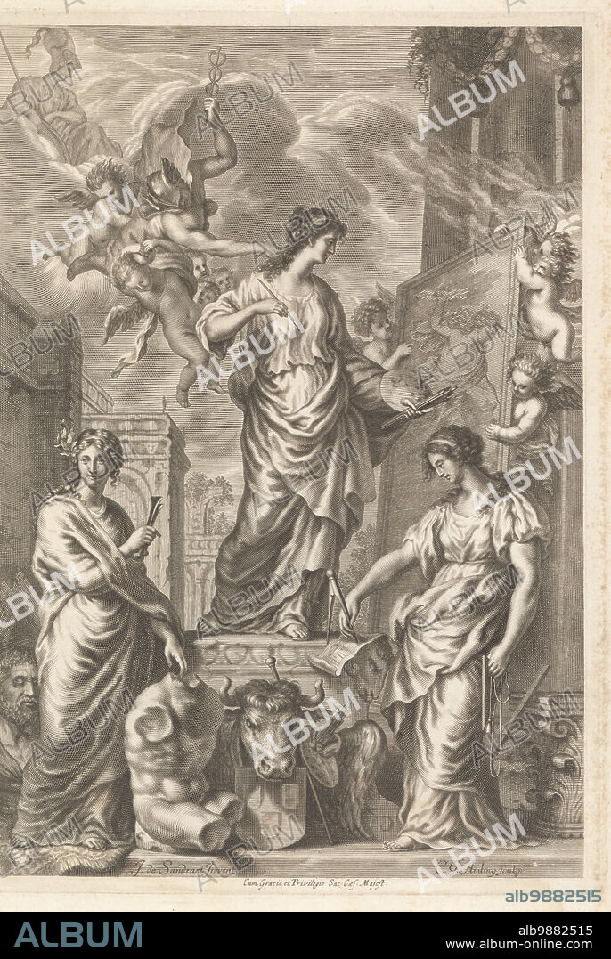 Allegorical frontispiece with personifications of the arts. Sculpture with chisels, Painting with palette, brushes and canvas, and Architecture with compasses and plumb line. Figures of Roman gods Minerva, Mercury with caduceus and flying cupids in the clouds. Copperplate engraving by Carl Gustav von Amling after an illustration by Joachim von Sandrart from his LAcademia Todesca, della Architectura, Scultura & Pittura, oder Teutsche Academie, der Edlen Bau- Bild- und Mahlerey-Kunste, German Academy of Architecture, Sculpture and Painting, Jacob von Sandrart, Nuremberg, 1675.