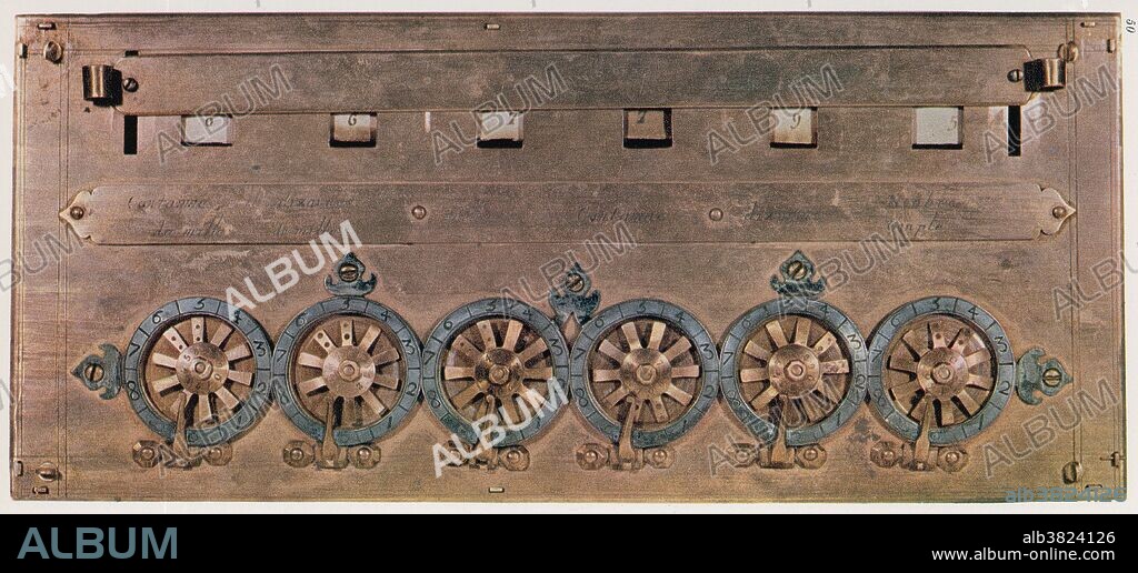 Pascaline; a mechanical calculator invented by Blaise Pascal in 1642. The wheels are numbered from 0-10 and correspond to units, tens, hundreds, thousands, tens of thousands, and hundreds of thousands. Blaise Pascal (June 19, 1623 - August 19, 1662) was a French mathematician, physicist, inventor, philosopher and child prodigy. He made important contributions to the study of fluids, and clarified the concepts of pressure and vacuum. While still a teenager, he started some pioneering work on calculating machines, and after three years of effort he invented the mechanical calculator. He wrote a significant treatise on the subject of projective geometry at the age of 16, and later corresponded with Pierre de Fermat on probability theory, strongly influencing the development of modern economics and social science. His TraitÃ© du triangle arithmÃ©tique (Treatise on the Arithmetical Triangle) of 1653 described a convenient tabular presentation for binomial coefficients, now called Pascal's triangle. Always poor in helath he died in 1662 two months after his 39th birthday. An autopsy revealed grave problems with his stomach and other organs of his abdomen, along with damage to his brain.