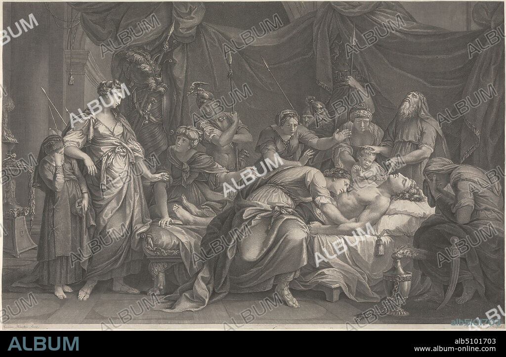 Andromache Bewailing the Death of Hector, Domenico Cunego, 17261803, Italian, after Gavin Hamilton, 17231798, British, active in Italy (174448 and 1756 on), 1764, Line engraving, Plate: 15 7/8 x 24 1/8in. (40.3 x 61.3cm), chain, curtain, death, helmets, mourning, pillows, religious and mythological subject, spears (weapons), swords, vase.
