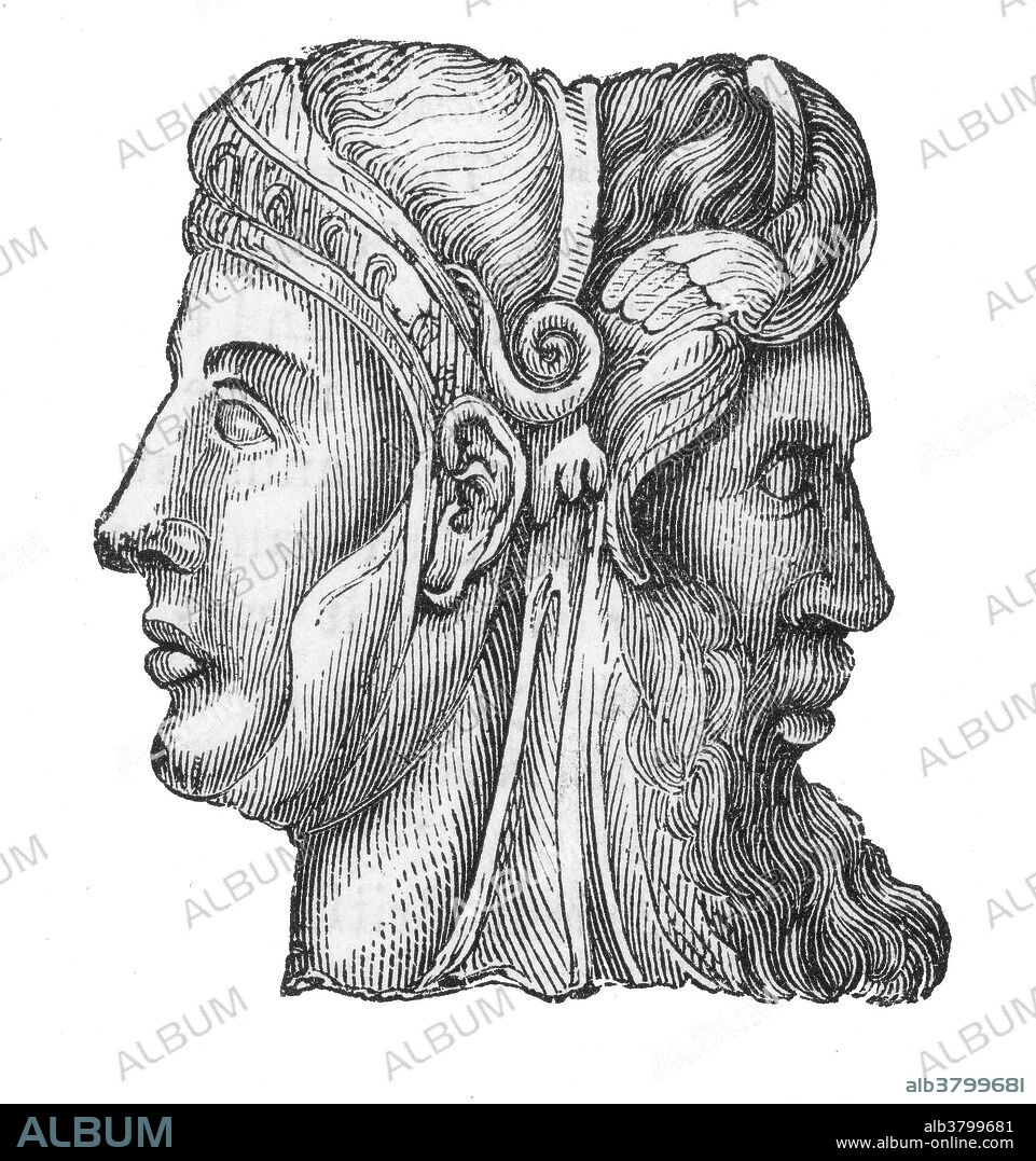 Janus, the ancient Roman god of beginnings and transitions (gates, doors, doorways, endings and time). He is usually shown as having two heads facing in opposite directions.