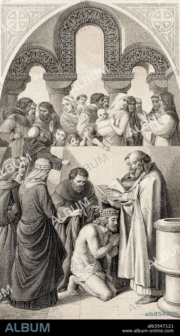 The baptism of Ethelbert, King of Kent by St. Augustine at Canterbury, England in 597. Æthelberht, c. 560 to 616. From Illustrations of English and Scottish History published 1882.
