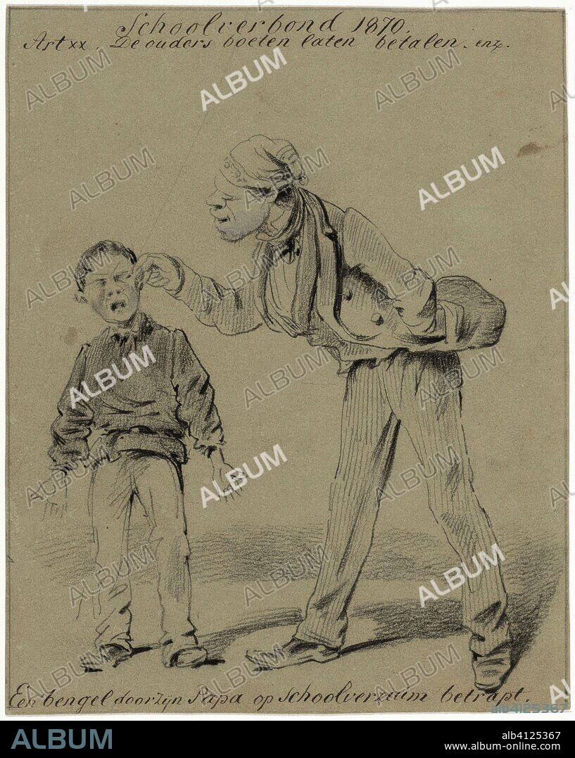 Vader en zoon. Een bengel door zijn Papa op schoolverzuim betrapt (title on object). Draughtsman: Pieter van Loon. Dating: 1870. Measurements: h 187 mm × w 150 mm.