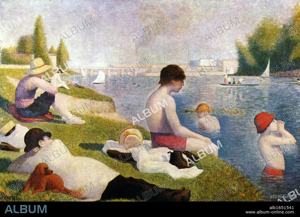 Une Baignade, Asnieres' (Bathers at Asnieres), 1884. Oil on canvas. Georges-Pierre Seurat (1859-1891) French Post-Impressionist painter. France Landscape Summer Sunshine Water Man Boy Bridge Industry Factory.