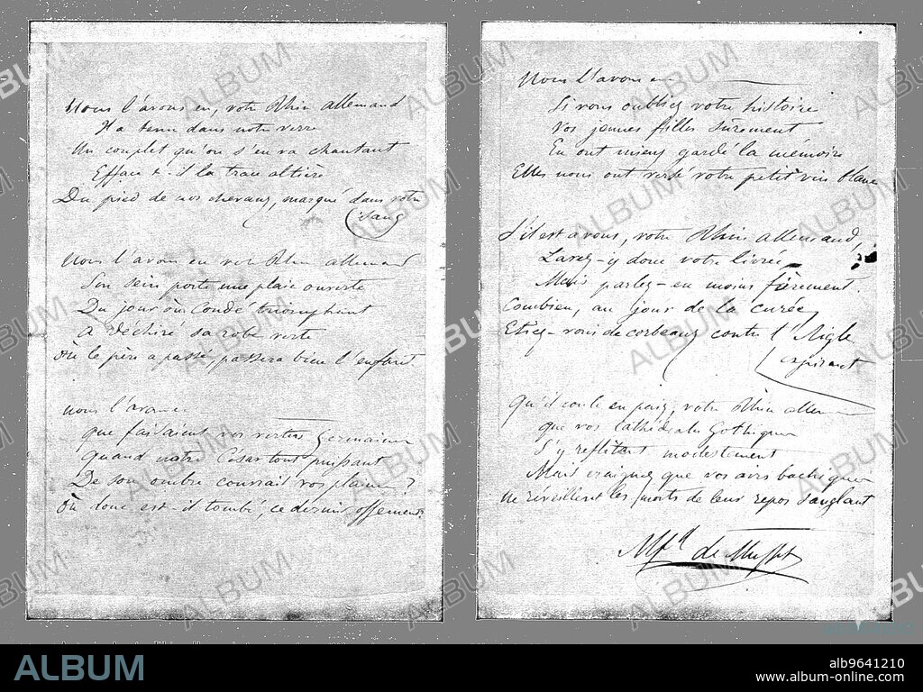 'La Paix Victorieuse; La Garde au Rhin: Autographe du "Rhin allemand", les strophes celebres improvisees par Alfred de Musset, le 21 juin 1841, apres la lecture, par le poete, de l'arrogante chanson de Becker; ou le pere avait passe, a maintenant passe l'enfant! ',1814. From "L'Album de la Guerre 1914-1919, Volume 2" [L'Illustration, Paris, 1924].