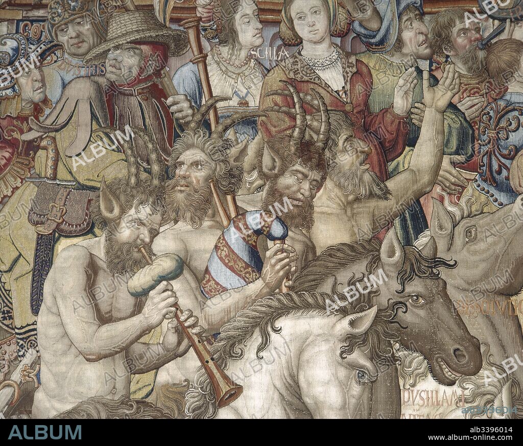 Detalle del tapiz "La Infamia". Serie Los Honores. Detalle de participantes de la carroza de la Infamia. Museo de los Tapices. Palacio Real de La Granja de San Ildefonso. Provincia de Segovia. Castilla-León. España. Patrimonio Nacional.