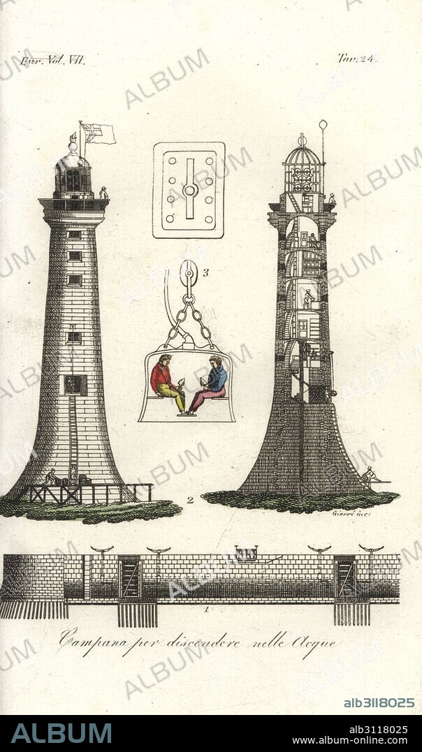 John Smeaton's Eddystone Lighthouse, men in an underwater diving bell, and plans for an underwater tunnel. Handcoloured copperplate engraving by Giarre from Giulio Ferrario's Costumes Ancient and Modern of the Peoples of the World, Florence, 1847.
