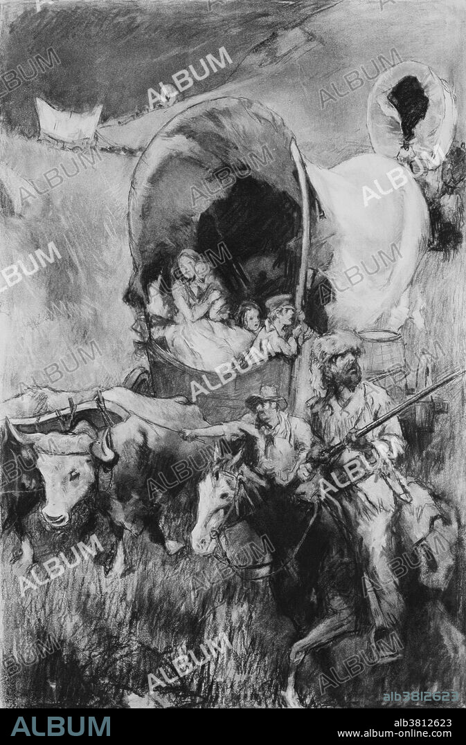 Charcoal drawing by Thomas Fogarty entitled: "Pioneers in covered wagons". Manifest Destiny was the 19th and 20th century American belief that the United States was destined to expand across the North American continent. The Homestead Act of 1862 encouraged 600,000 families to settle the West by giving them land (usually 160 acres) almost free. They had to live on and improve the land for five years. Helping settlers move westward were the emigrant "guide books" of the 1840s featuring route information supplied by the fur traders and the FrÃ©mont expeditions, and promising fertile farm land beyond the Rockies.